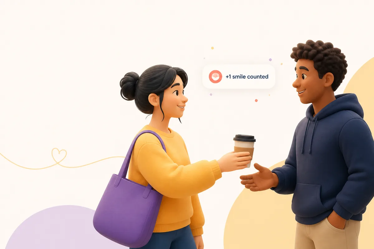 One person handing another person a coffee, with a small +1 smile counted badge
