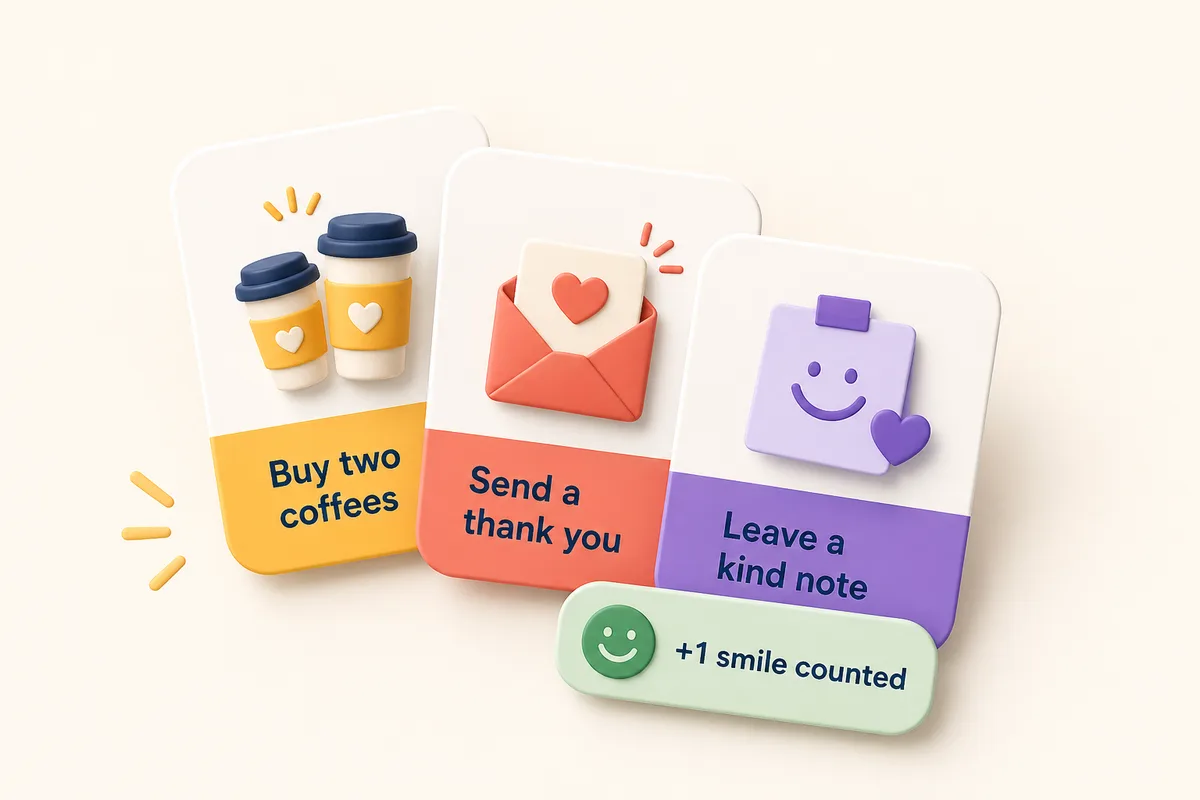 Three simple kindness idea cards: buy two coffees, send a thank you, and leave a kind note