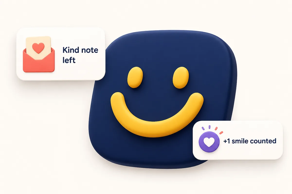 A smile symbol with cards that say Kind note left and +1 smile counted